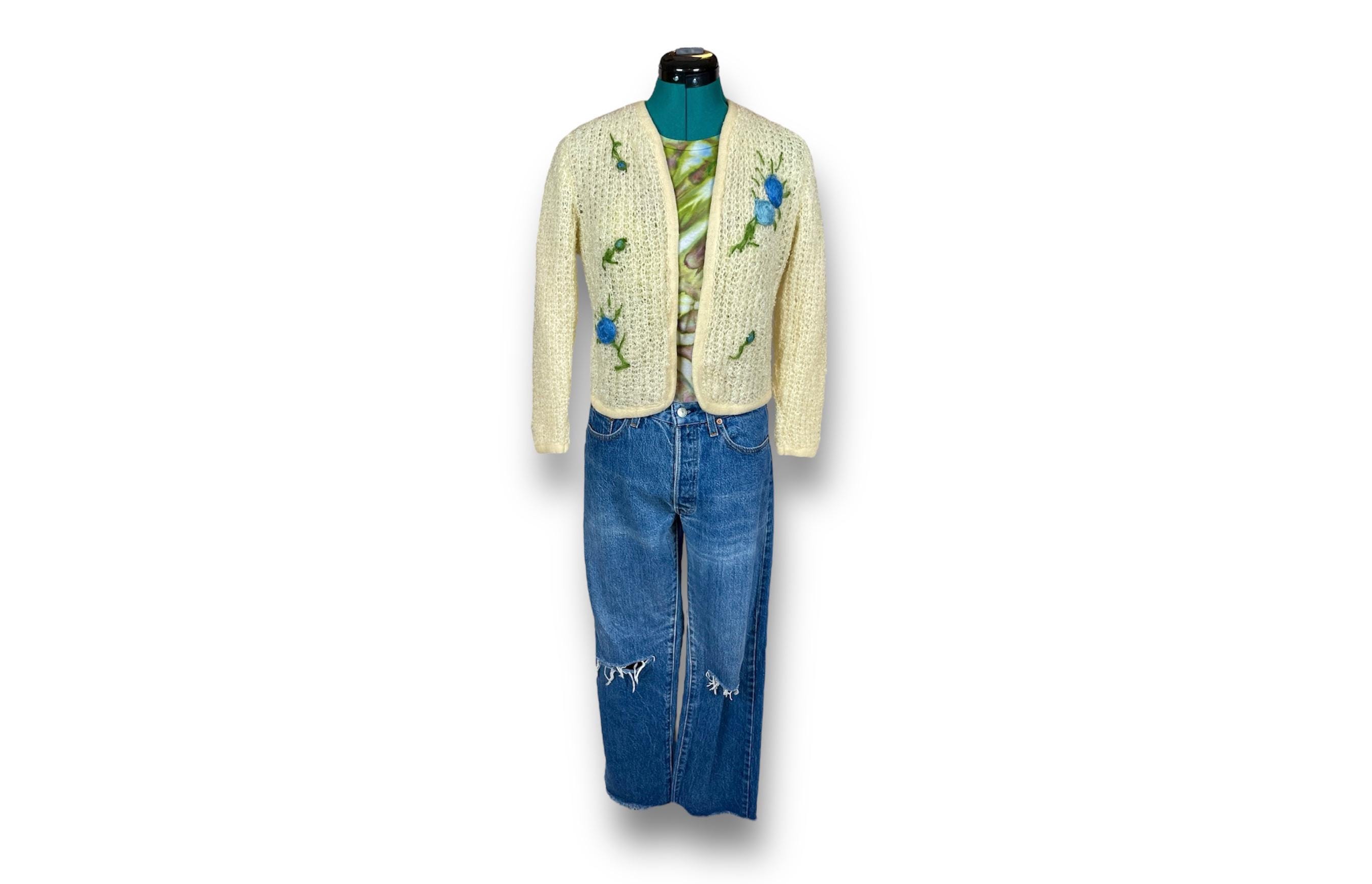 Vintage Fuzzy Mohair Cardigan 50s 60s Open Knit Cropped