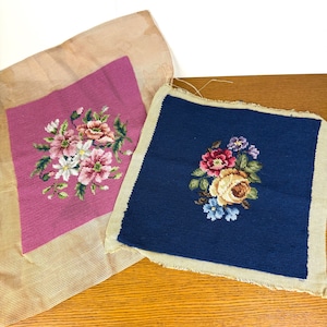 Vintage Possibly Antique Needlepoint Works ~ 2 Available ~ Navy blue and Mauve Pink Florals Needs Frame or to Cover a Pillow, Chair or Stool