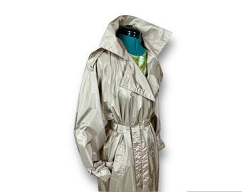 Vintage Shiny Trench Coat 1980s Champagne Color Raincoat