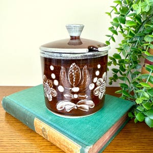 May include: A brown ceramic jar with a lid, featuring white floral and geometric designs. The jar is cylindrical with a lid and a small handle. The jar is sitting on a green book.