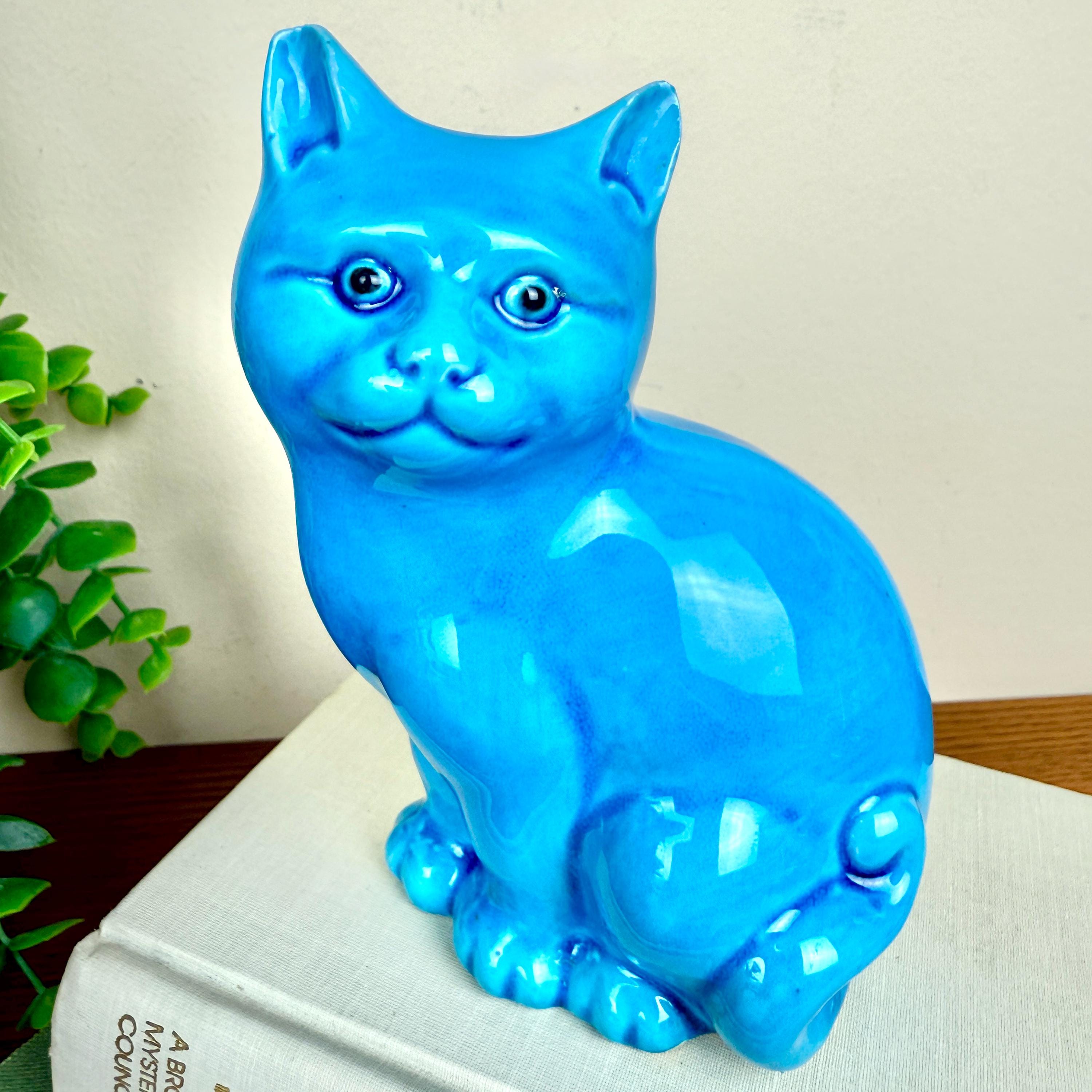 Vintage Turquoise Cat Figurine | Chinese Glazed Pottery Cat | Mid
