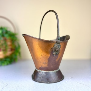 May include: A copper coal scuttle with a dark metal base and a matching arched handle. The vessel features a wide, flared opening and a decorative metal attachment at the handle base, displaying a molded lion head detail on each side of the body.