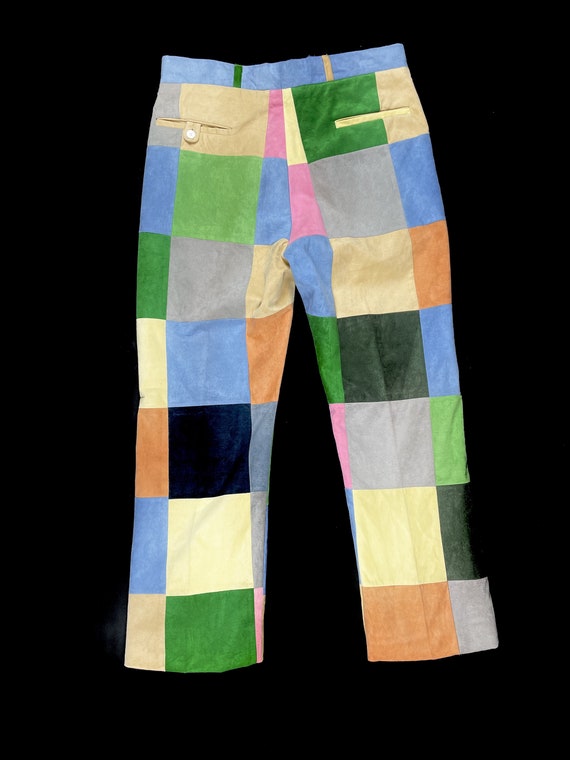 Men's funky 1970s colorful patchwork pants - image 2