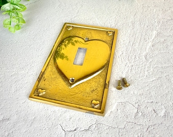 Vintage Solid Brass Single Toggle Light Switch Plate Embossed Heart 1986 Upper Deck Country Cottage Wall Cover 1980s Nursery Kids Room Love