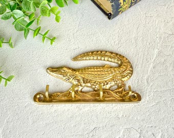 Vintage Brass Crocodile Key Hook Alligator Wall Hanging 4 Hooks Small 5" Entryway Decor Necklace Hanger Jewelry Organizer Shiny Gold Finish