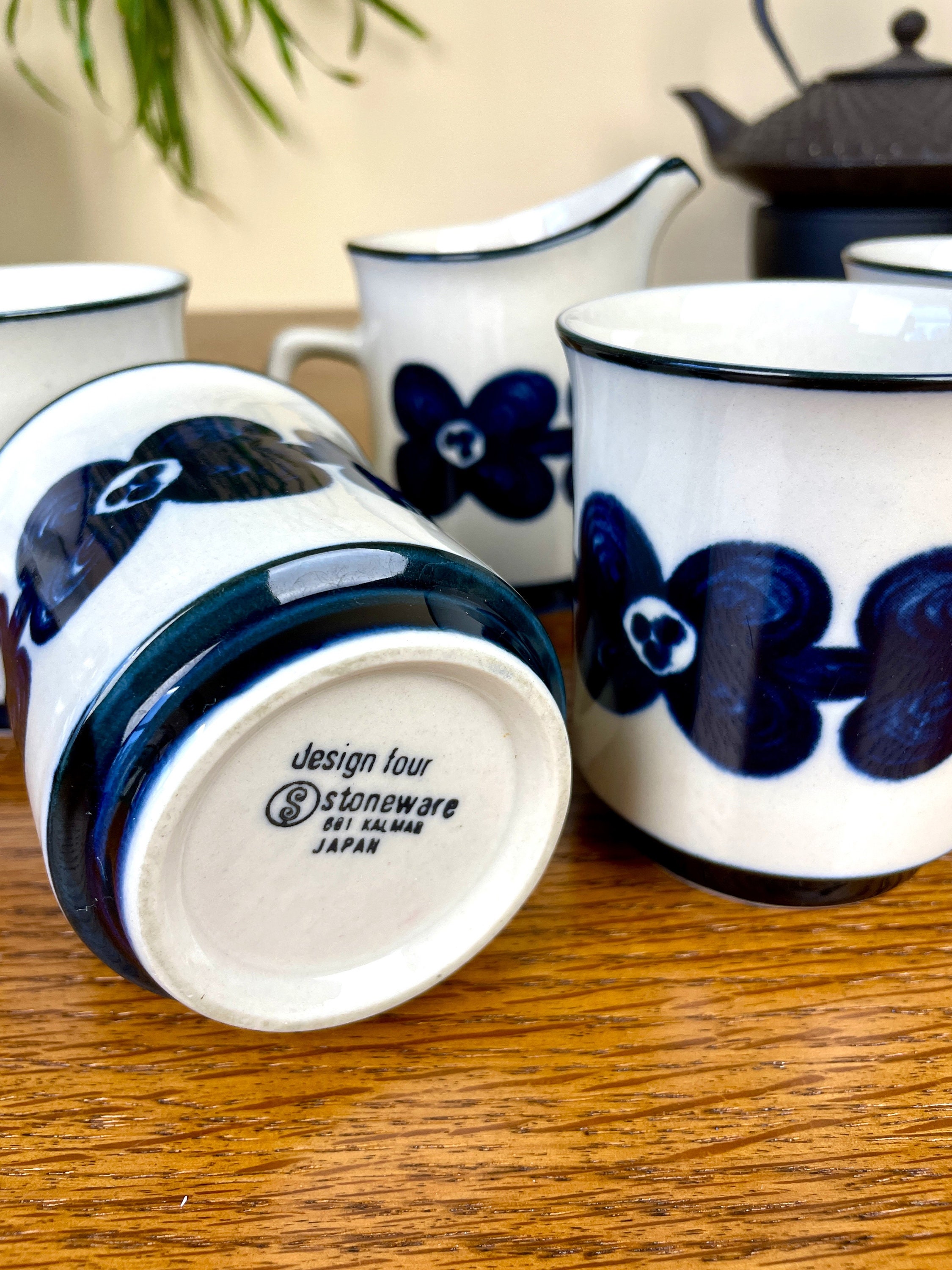 Vintage Four Mugs and Matching Creamer Set Japanese Stoneware Blue Flower  Orchid by Design Four 6oz Square Handles Mid Century Wabi-sabi - Etsy