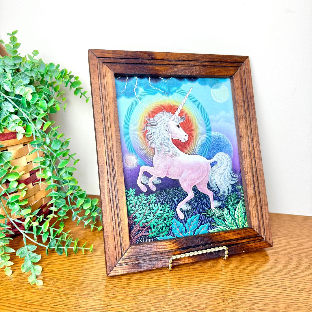 Vintage Unicorn Framed 8x10" Art Print by K Chin 70s 80s Rainbow Cosmic ...