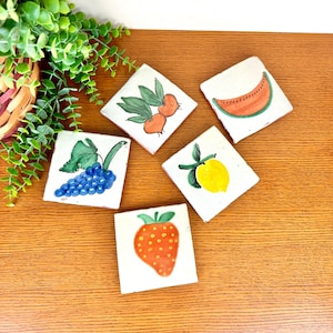 Vintage Set of 5 Hand Painted Fruit Themed Ceramic Mexican Talavera Tiles Red Clay White Glaze 4x4" Coaster Set Trivets Wall Backsplash