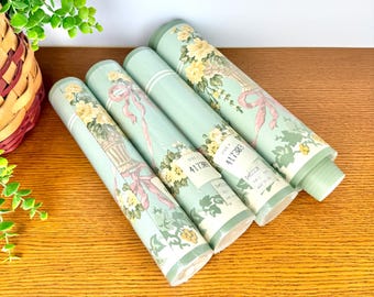 Vintage Cottagecore Floral Wallpaper Border, Extra Wide 10" Sage Green, Pink Ribbon Yellow Flowers, Shabby Chic Wall Decor Trim 5 Yard Rolls