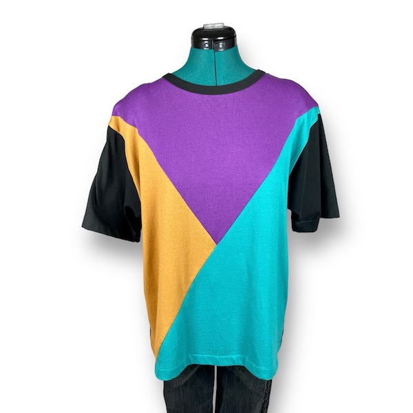 Vintage T Shirt Color Blocked Geometric 1980s Size Large Shoulder Pads Postmodern Boxy Fit Single Stich Cotton Poly Blend Teal Puruple Ocre