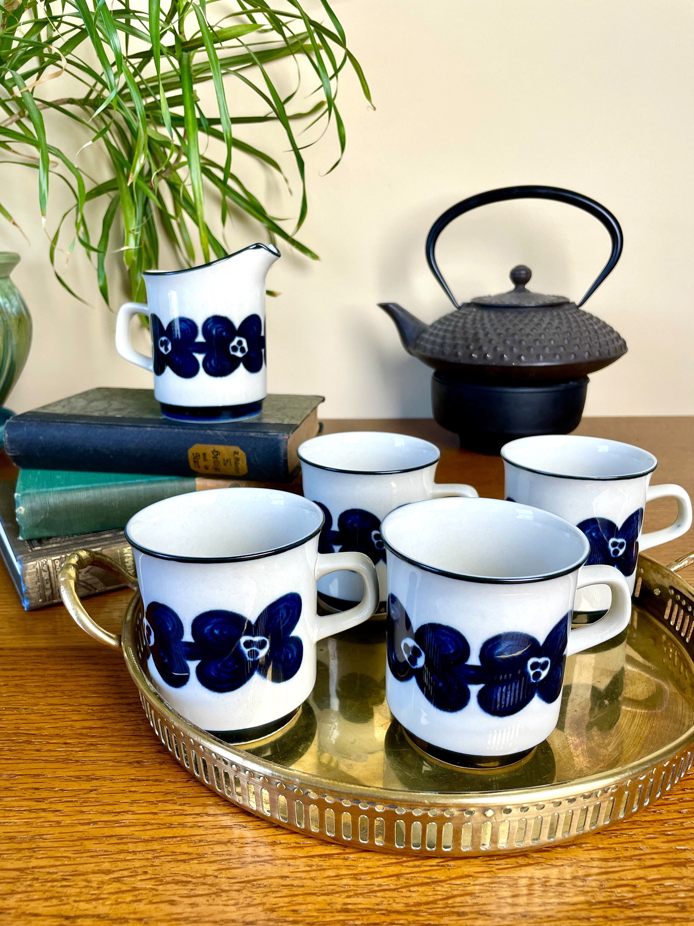 Vintage Four Mugs and Matching Creamer Set Japanese Stoneware Blue Flower  Orchid by Design Four 6oz Square Handles Mid Century Wabi-sabi - Etsy