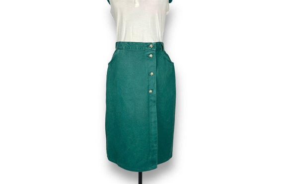 Vintage Dark Forest Green Denim Wrap Skirt 30" Wa… - image 1