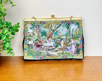 Antique 1920s Figural Micro Petite Point Handbag | Hand Stitched Frame | Victorian Courtship Tapestry Needlepoint Purse | Mint Condition
