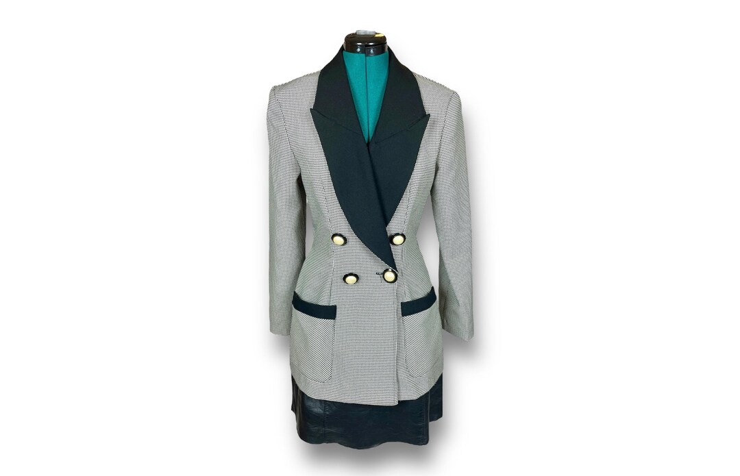 Vintage 70s 80s Double Breasted Gold Button Black White Check Houndstooth Blazer Jacket S 12 14