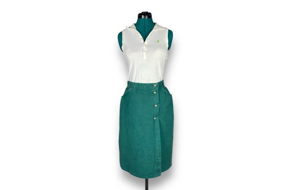 Vintage Dark Forest Green Denim Wrap Skirt 30" Wa… - image 2