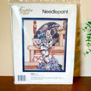 Vintage Kitten Needlepoint Kit 8" x 10" Unopened DIY Craft 1990s Naughty Kitty on Stairs Flowers Blue Frame Country Cottage Grandma Cat Lady