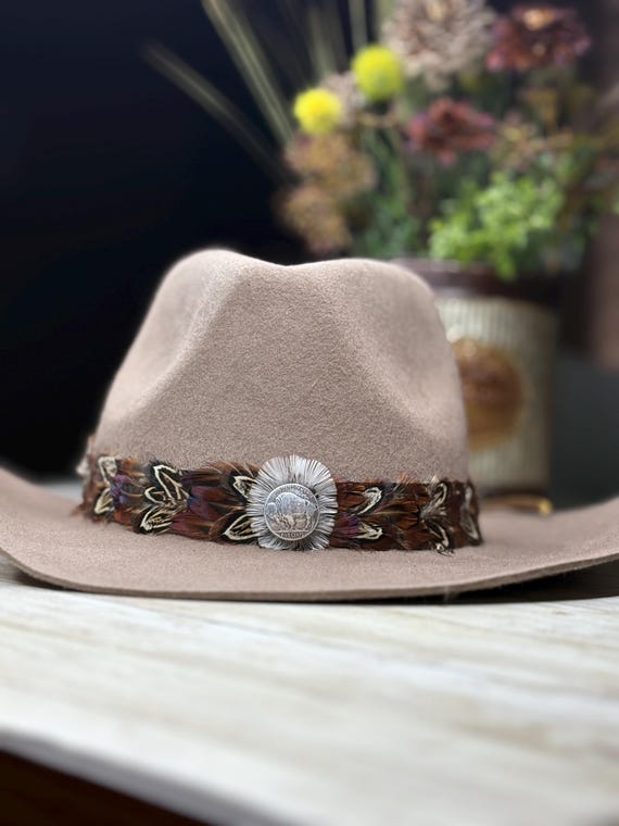 Handmade Feather Hat Band: Buffalo Nickel Concho, Western  display picture 1