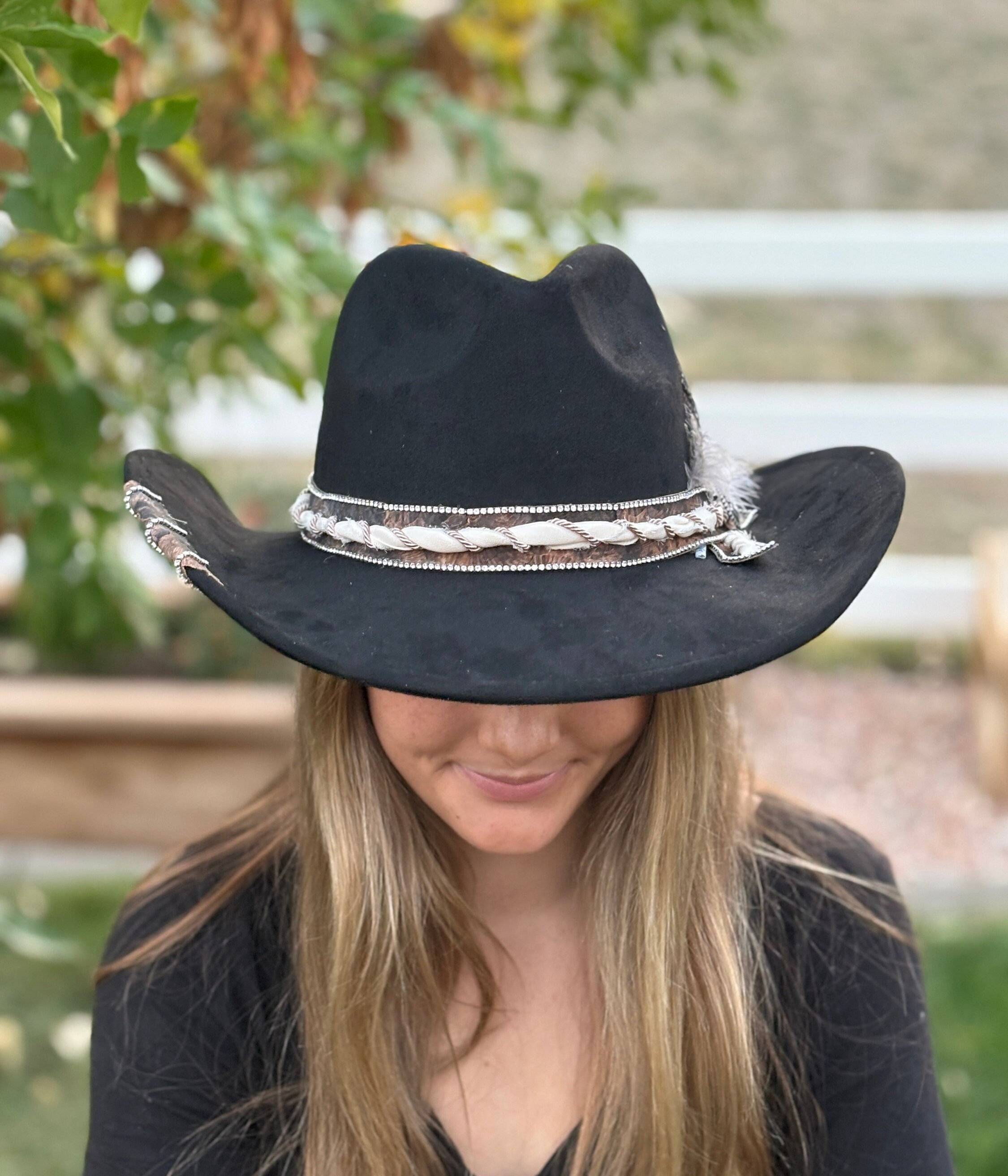 Black Bling Cowgirl Hat With Crystal Cork Band, Silver 