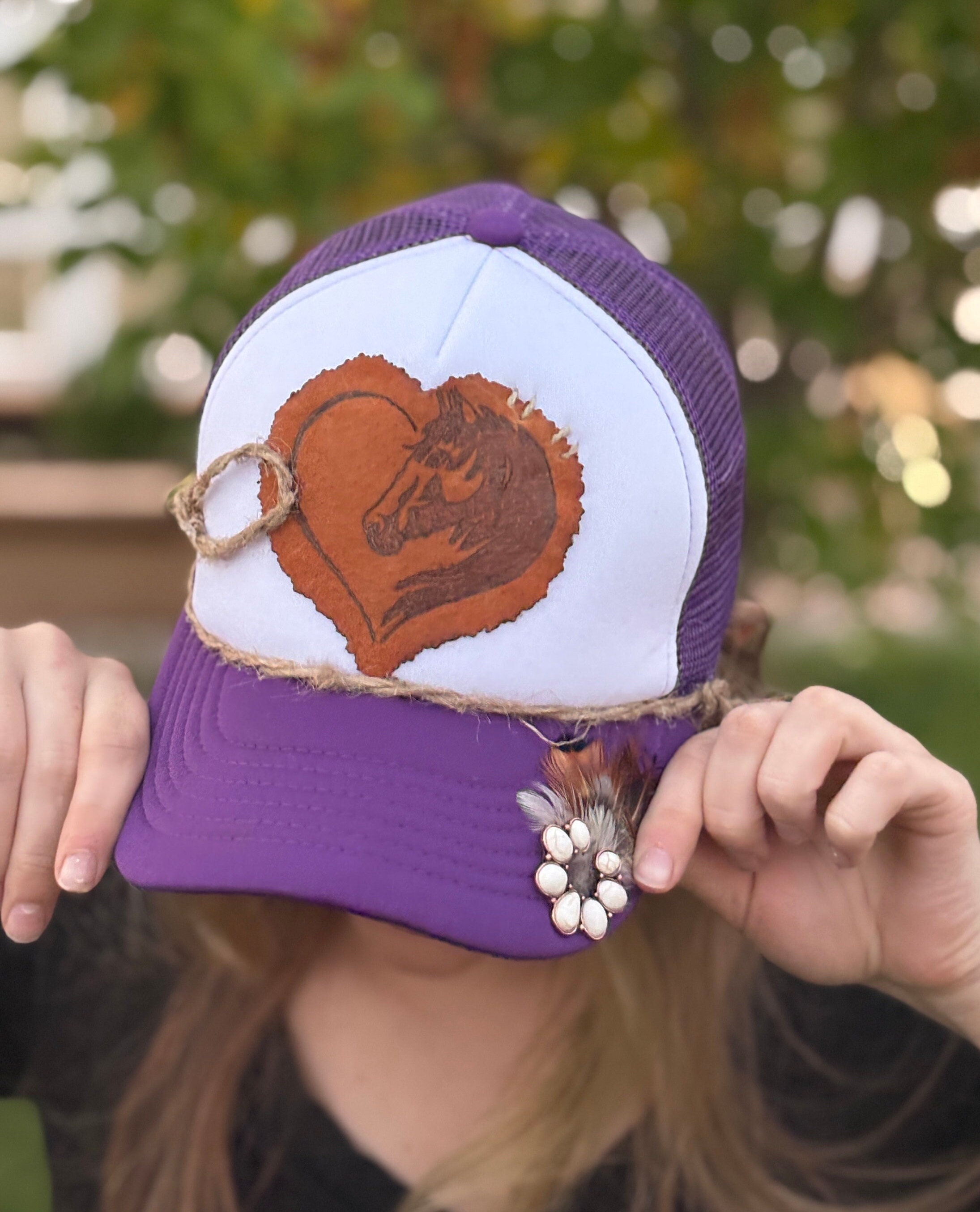 Unique Horse Lover Trucker Hat | Leather Heart Horse Patch  display picture 1