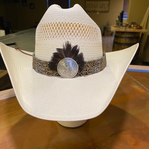 Unique Pheasant Feathered Hat Band Hand Made for Western Hats with Silver Dollar Concho