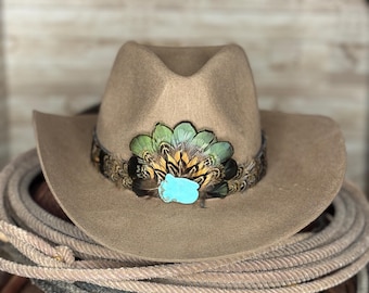 Handcrafted Feather Hat Band: Green Pheasant & Turquoise Stone