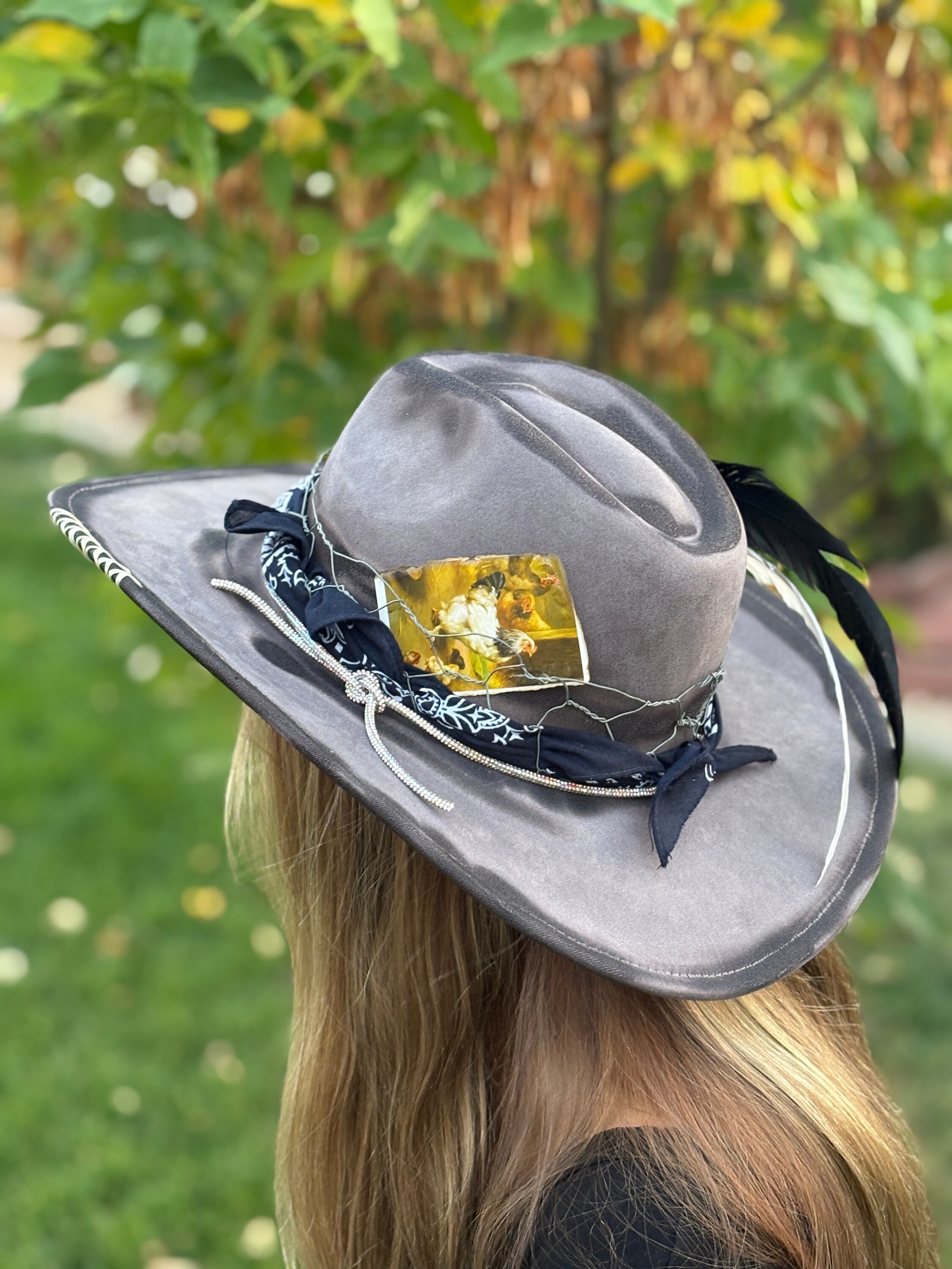 Distressed Cowgirl Hat: Rustic Boho Chicken Feather Accent 