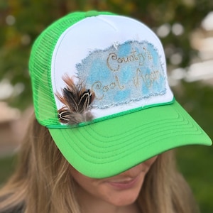 Lainey Wilson Inspired Denim Patch Trucker Hat | John Deere Green with Feathers