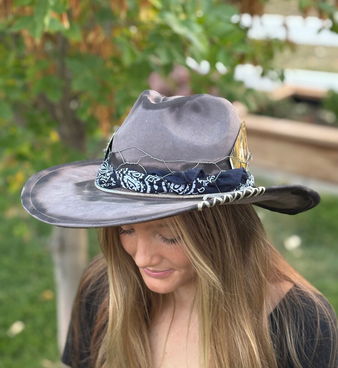 Distressed Cowgirl Hat: Rustic Boho Chicken Feather Accent  display picture 1