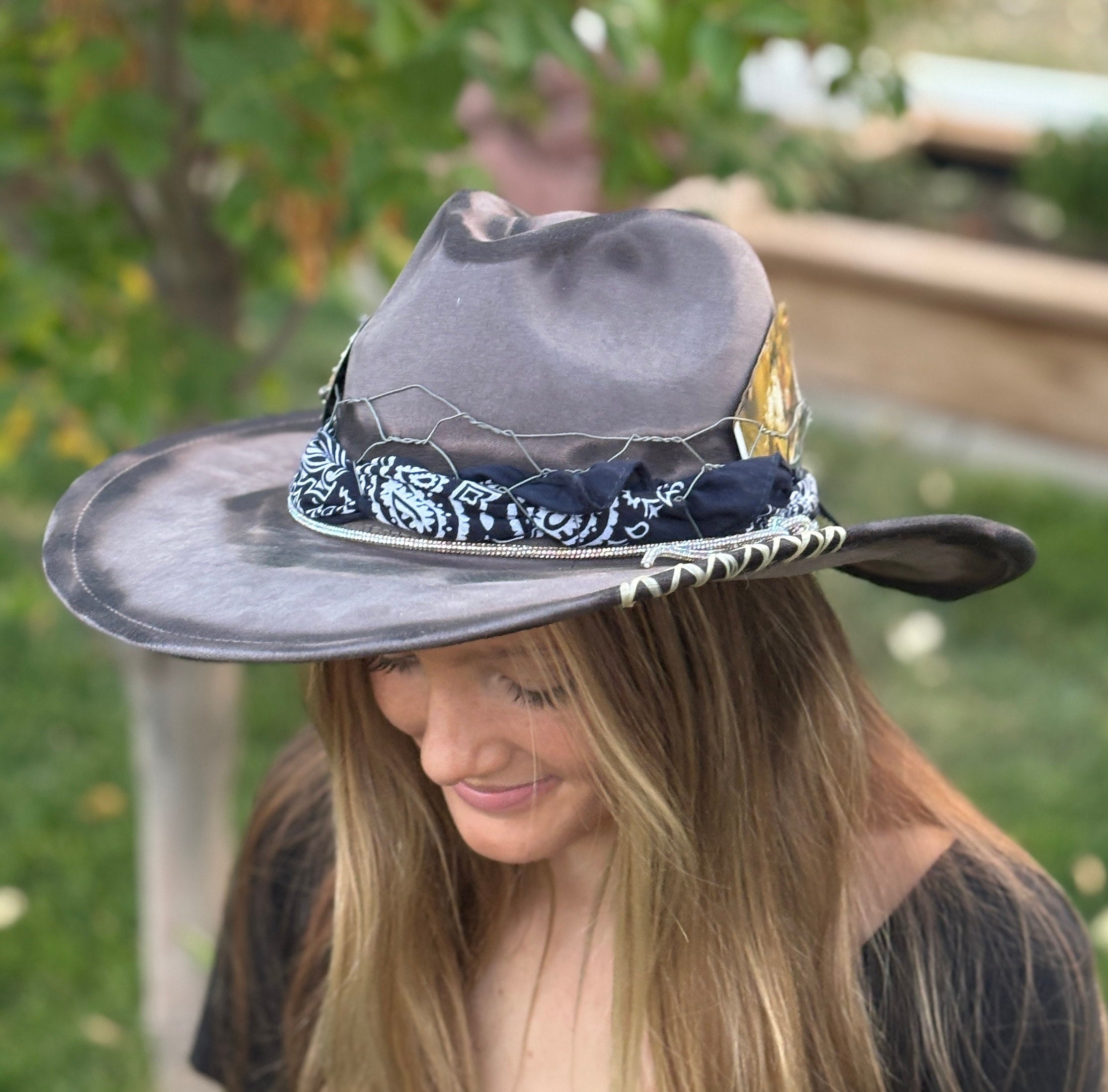 Upcycled Black Suede like Cowboy Hat with Feather Accent Hand Burned Square Crown Cowboy Hat – Custom Western Fedora  main image 3