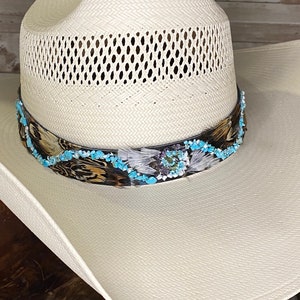 Turquoise And Gemstone Chip, Western Hat Band with Feathers
