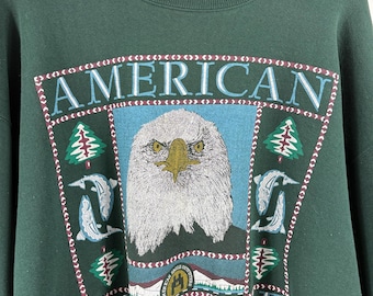 American-Eagle-Outfitters Bald-Eagle Sweater | Vintage 90s Graphic Wildlife Crewneck Sweatshirt | Outdoor Print Pullover