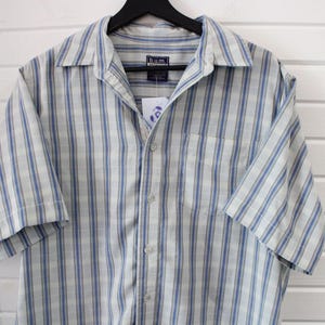 B.u.m. Equipment Striped Button-Up Shirt | Vintage 90s Blue And Grey Short Sleeve Casual Top | Classic Light Summer Shirt