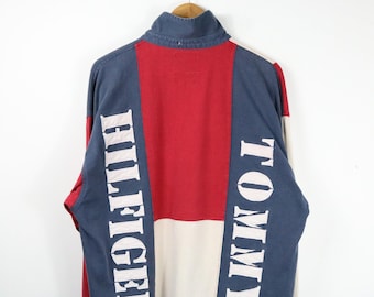 Camisa de rugby Tommy Hilfiger / Manga larga con panel de estrellas y bloques de color con la bandera estadounidense estilo vintage de los 90 / Ropa deportiva clásica de estilo preppy