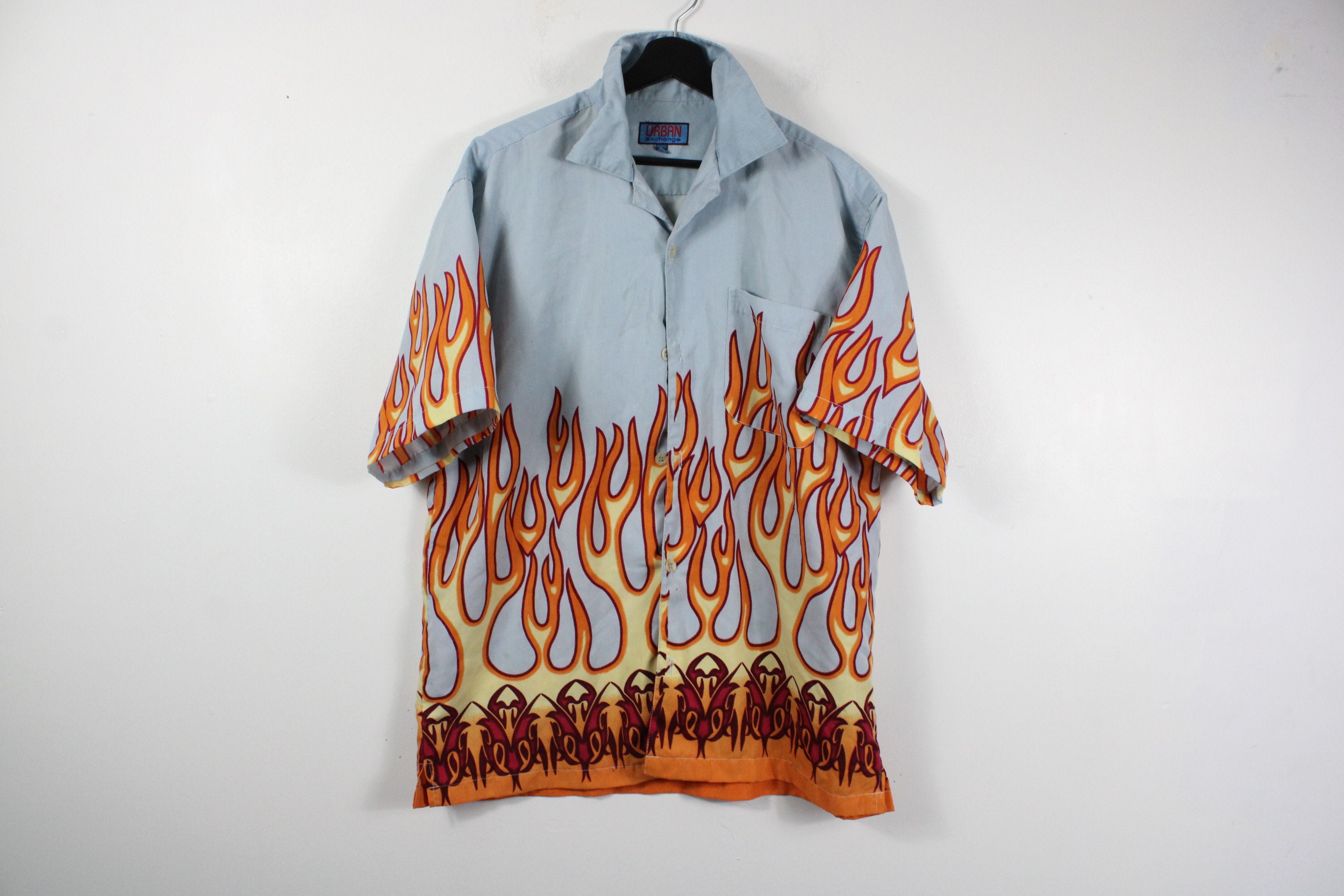 Vtg Y2K Fire Flame Button up Shirt 90s 80s Vintage Retro Old 