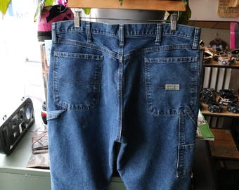 Calça jeans Wrangler | Calça jeans vintage azul estilo carpinteiro dos anos 2000 com bolsos utilitários | Roupa de trabalho casual