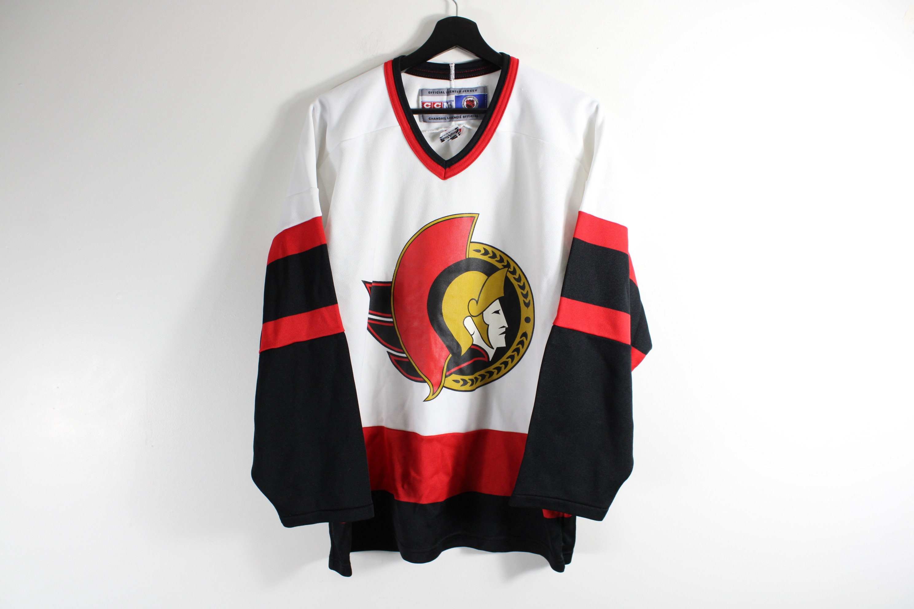 Vintage 90s CCM NHL Ottawa Senators 24 White Hockey Jersey Mens XL