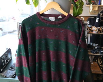 Giorgio-tröja | Vintage 90-tals grön och vinröd randig stickad tröja med små vävda motiv | tillverkad i Italien