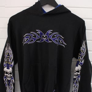 Silver-Point Skull-&-Dagger Hoodie | Vintage Y2K Streetwear Flame Graphic Pullover | Tribal Tattoo Sleeve Sweatshirt