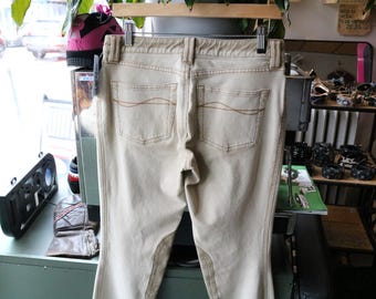 Calça jeans Ariat | Calça jeans vintage bege bootcut dos anos 2000 com costura contrastante e remendos nos joelhos | Roupa casual estilo western para o trabalho