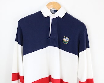 Camisa de rugby Polo-Ralph-Lauren / Estilo vintage de los 90, azul marino, blanco y rojo con parche de escudo / Camisa de manga larga con cuello