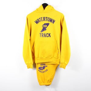Watertown Track Hoodie Sweatpants Set | Vintage 90s Yellow Graphic Athletic Hoody & Joggers | Retro Sports Team Sweatsuit