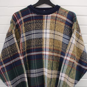 Sweater van Cotton-Traders | Vintage jaren 90 patchwork gebreide trui met ronde hals | Klassieke gebreide kleding met geruitpatroon