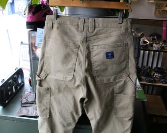 Calças de trabalho Rural-King | Calças utilitárias vintage bege estilo carpinteiro dos anos 2000 com bolsos aplicados | Roupa de trabalho casual e resistente