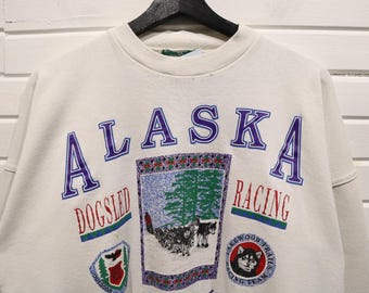 Sudadera con capucha de carreras de trineos tirados por perros de Alaska de American-Eagle / Sudadera con capucha con estampado del equipo de trineo de los años 90 / Cuello redondo de invierno para actividades al aire libre