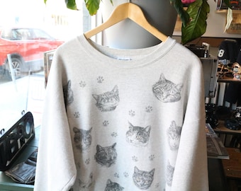 Sudadera rel-e-vant-products / Estampado vintage de los 90 con cara de gato y huella de pata / Sudadera cómoda de cuello redondo