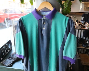 Polo County-Seat / Camiseta de rugby vintage de los 90 con bloques de color verde azulado y rayas azules / Camisa de manga corta con cuello