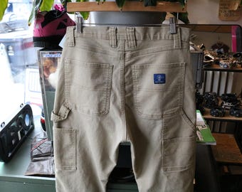 Calças Rural-King | Calças de trabalho vintage cáqui com bolsos de carpinteiro dos anos 2000 | estilo utilitário casual