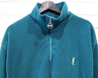 Jersey de polar Yves-Saint-Laurent / Sudadera vintage verde azulado con media cremallera de los años 90 / Capa exterior con logotipo clásico