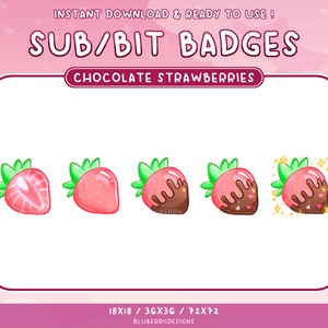 Chocolate Strawberry Sub Bit Badges for Twitch Stream Discord Role - Pastel Red Pink Fruit Theme Valentines Love Sparkles Cottagecore Theme