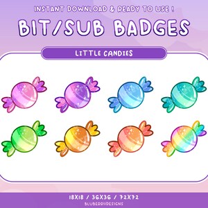 8 Candy Sub or Bit Badges for Twitch Stream Discord Role Youtube - Pastel Wrapped Candy Rainbow Celestial Sparkle Food Sweets Theme Kawaii